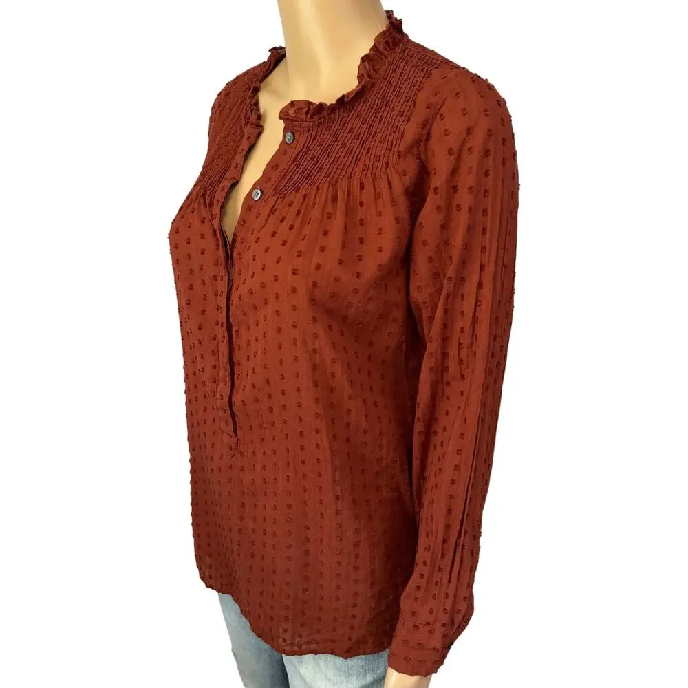 J. Crew Point Sur Ruffle Classic Popover in Clip Dot Deep Redwood Size 4